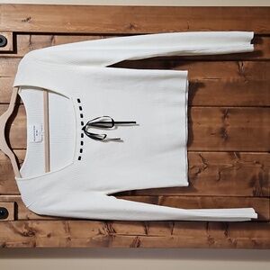 Willow & Wind White Black Ribbon Accent Ribbed Cropped Sweater Large